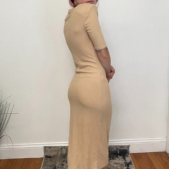Avec Les Filles Hook & Eye Ribbed Bodycon Dress Short Sleeve Size S Tan - Picture 4 of 4